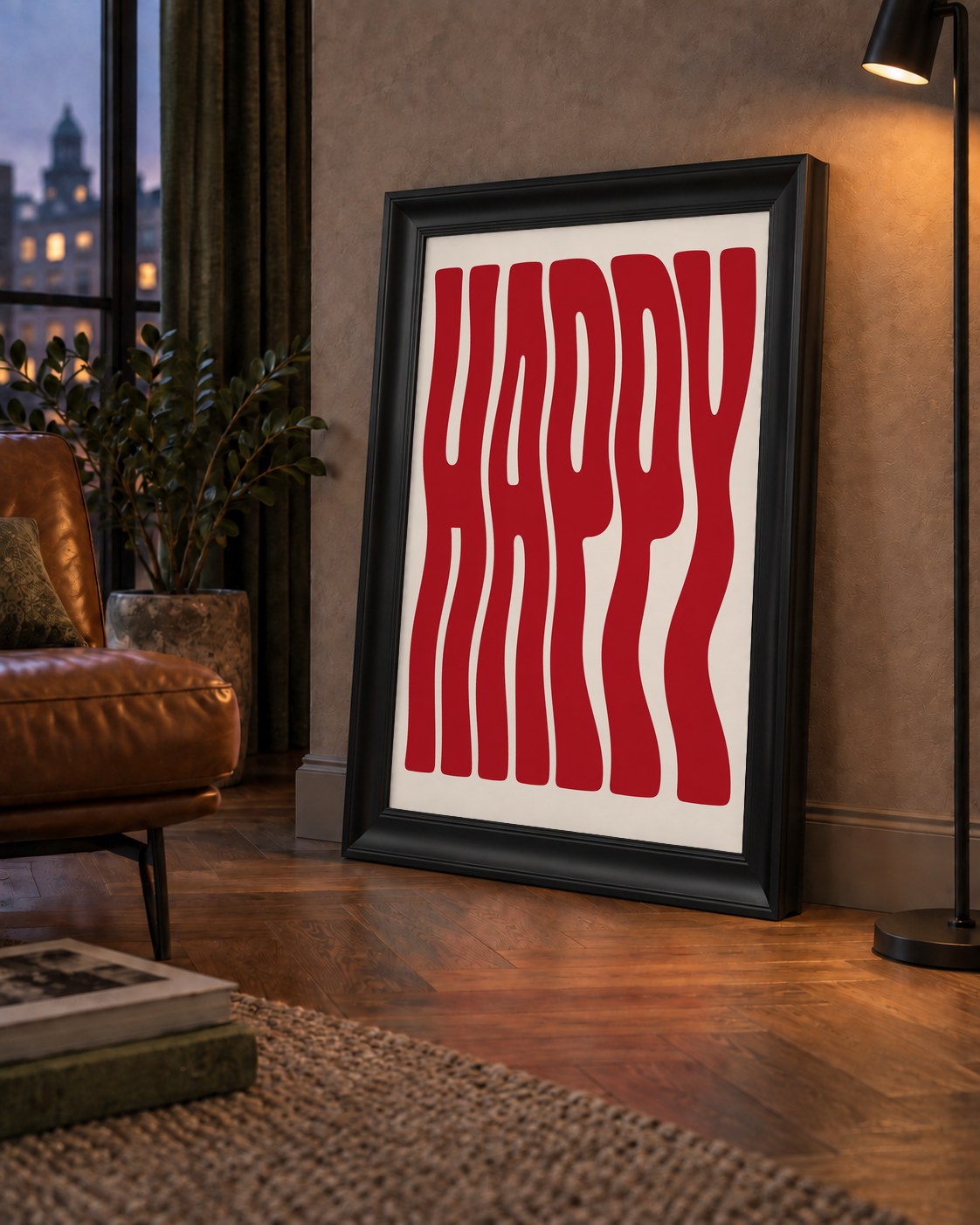 Kırmızı Dalgalı 'HAPPY' Yazılı Minimal Dijital Poster — çerçeveli hâliyle bir ev duvarında