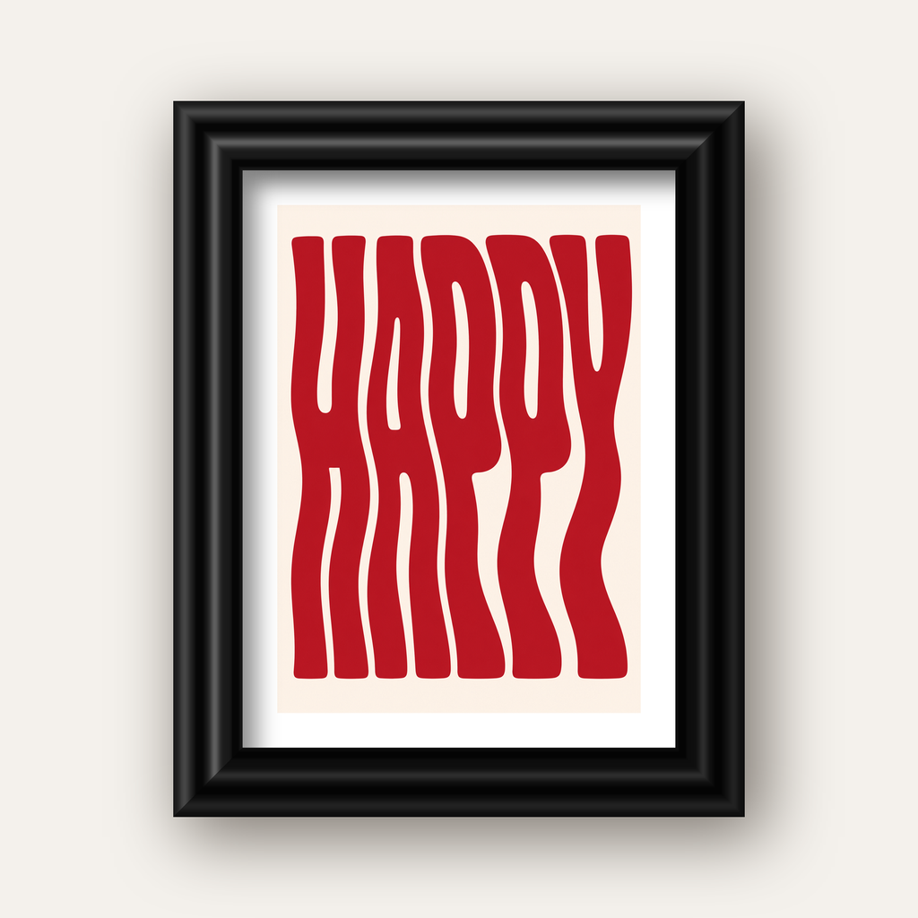 Kırmızı Dalgalı 'HAPPY' Yazılı Minimal Dijital Poster — siyah galeri çerçeveli paspartulu