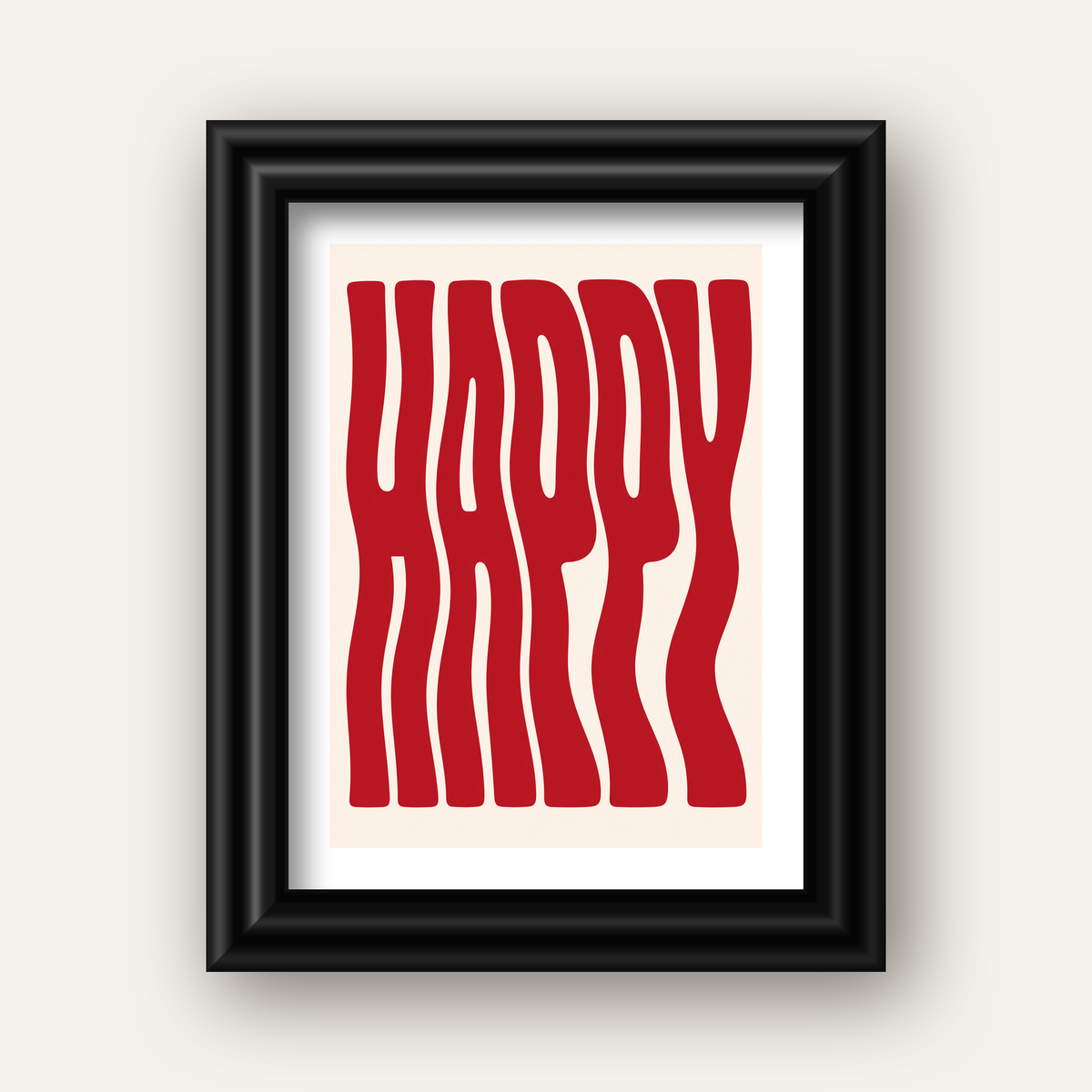 Kırmızı Dalgalı 'HAPPY' Yazılı Minimal Dijital Poster — siyah galeri çerçeveli paspartulu