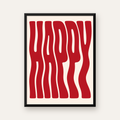 Kırmızı Dalgalı 'HAPPY' Yazılı Minimal Dijital Poster — Dikey baskı, düz siyah çerçeveli duvar posteri