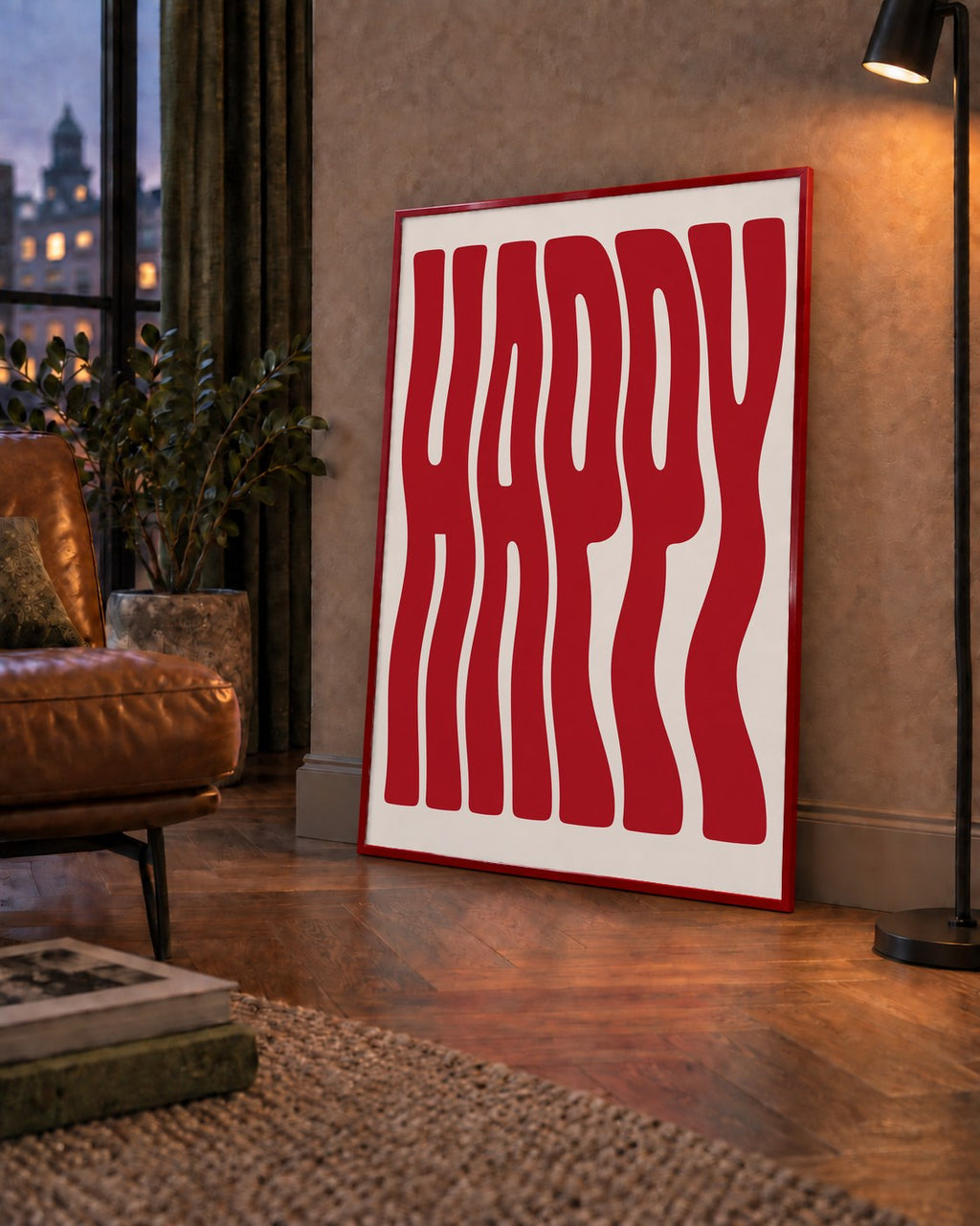 Kırmızı Dalgalı 'HAPPY' Yazılı Minimal Dijital Poster — çerçeveli hâliyle bir ev duvarında