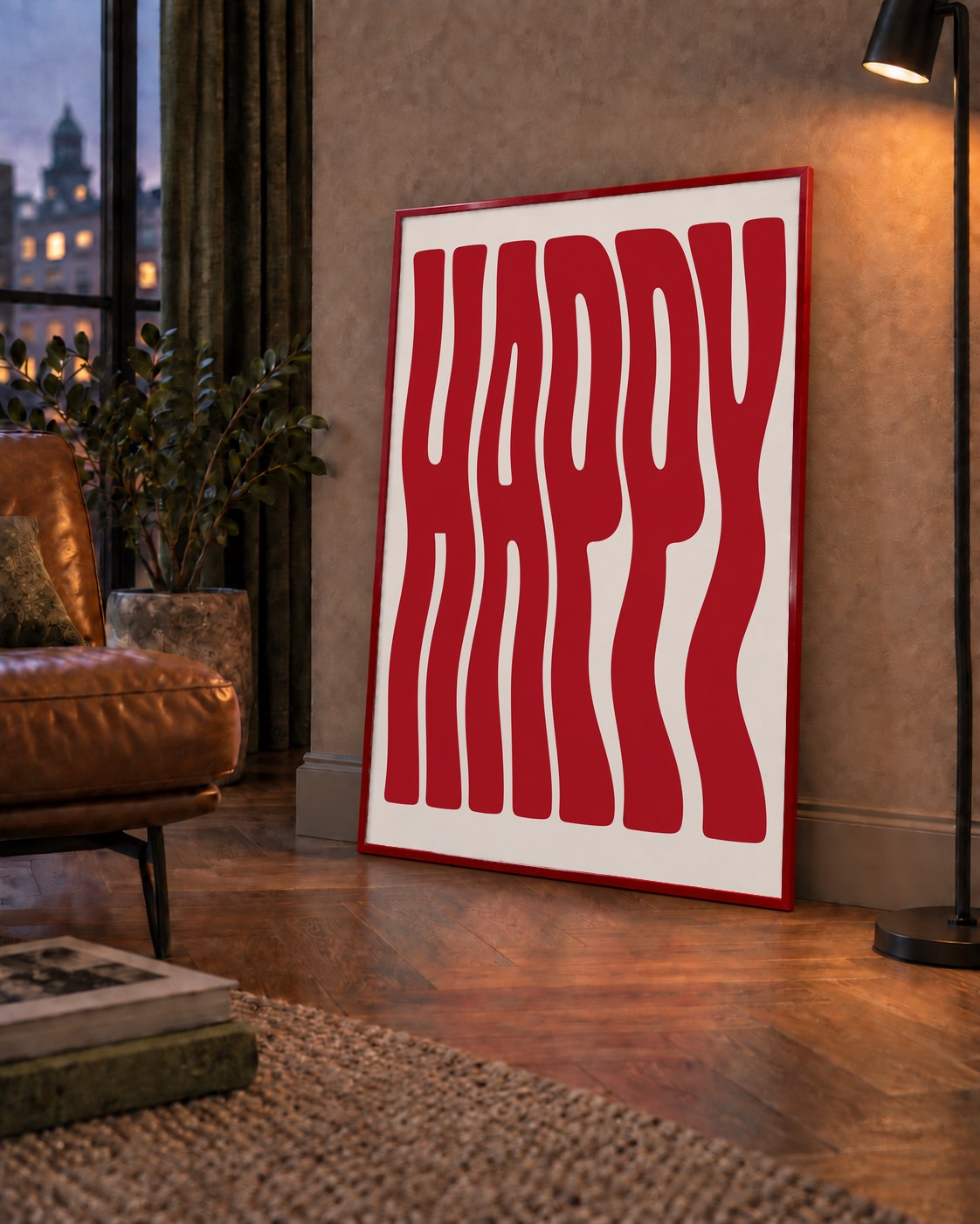 Kırmızı Dalgalı 'HAPPY' Yazılı Minimal Dijital Poster — çerçeveli hâliyle bir ev duvarında
