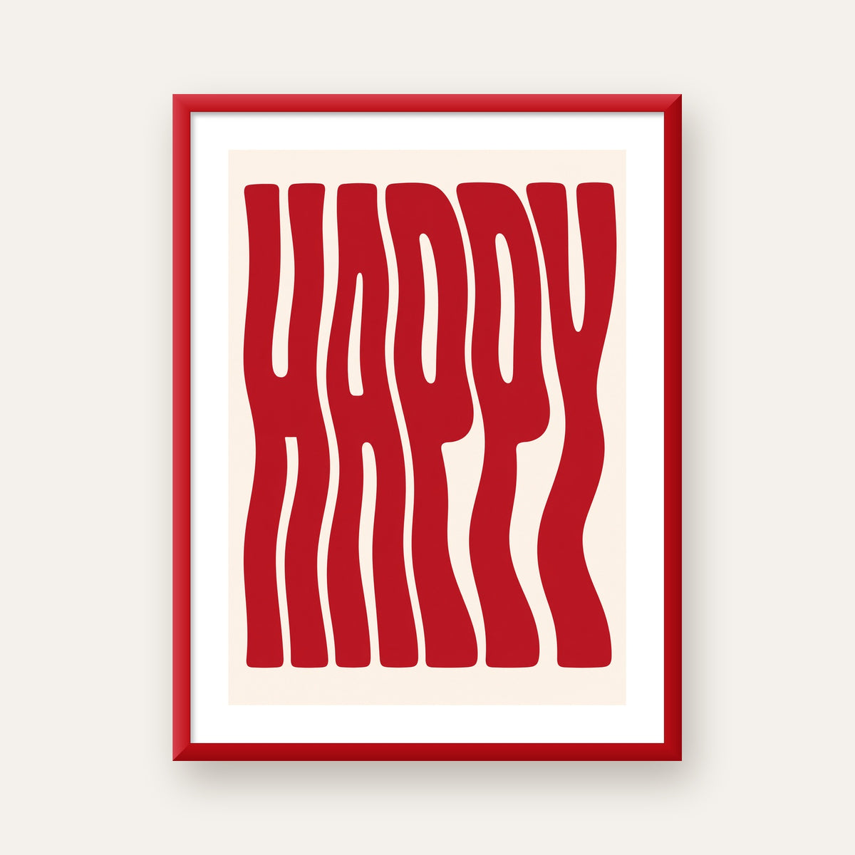 Kırmızı Dalgalı 'HAPPY' Yazılı Minimal Dijital Poster — kırmızı çerçeveli paspartulu