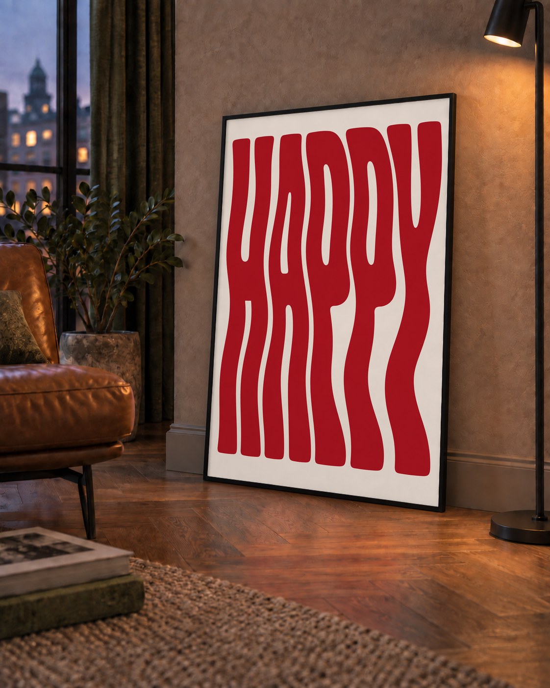 Kırmızı Dalgalı 'HAPPY' Yazılı Minimal Dijital Poster — çerçeveli hâliyle bir ev duvarında