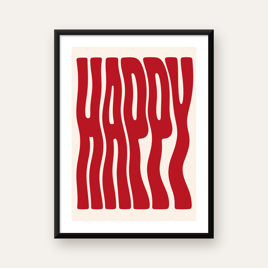 Kırmızı Dalgalı 'HAPPY' Yazılı Minimal Dijital Poster — Dikey baskı, beyaz paspartulu