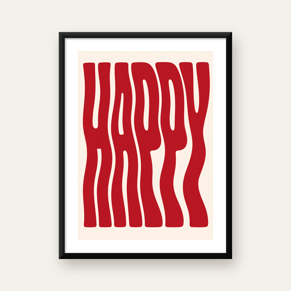 Kırmızı Dalgalı 'HAPPY' Yazılı Minimal Dijital Poster — Dikey baskı, beyaz paspartulu