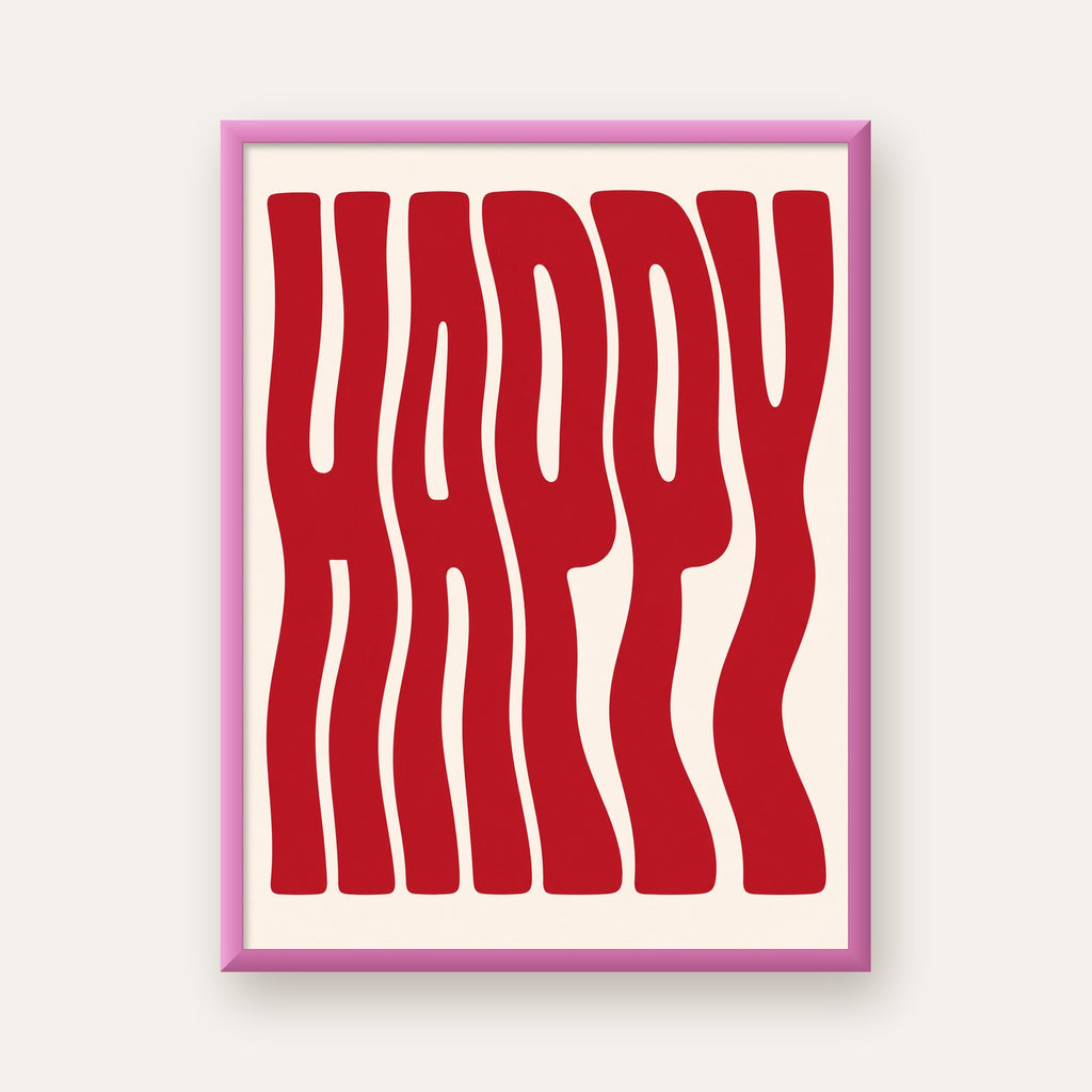 Kırmızı Dalgalı 'HAPPY' Yazılı Minimal Dijital Poster — pembe çerçeveli