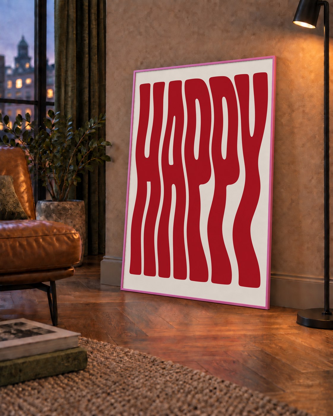 Kırmızı Dalgalı 'HAPPY' Yazılı Minimal Dijital Poster — çerçeveli hâliyle bir ev duvarında