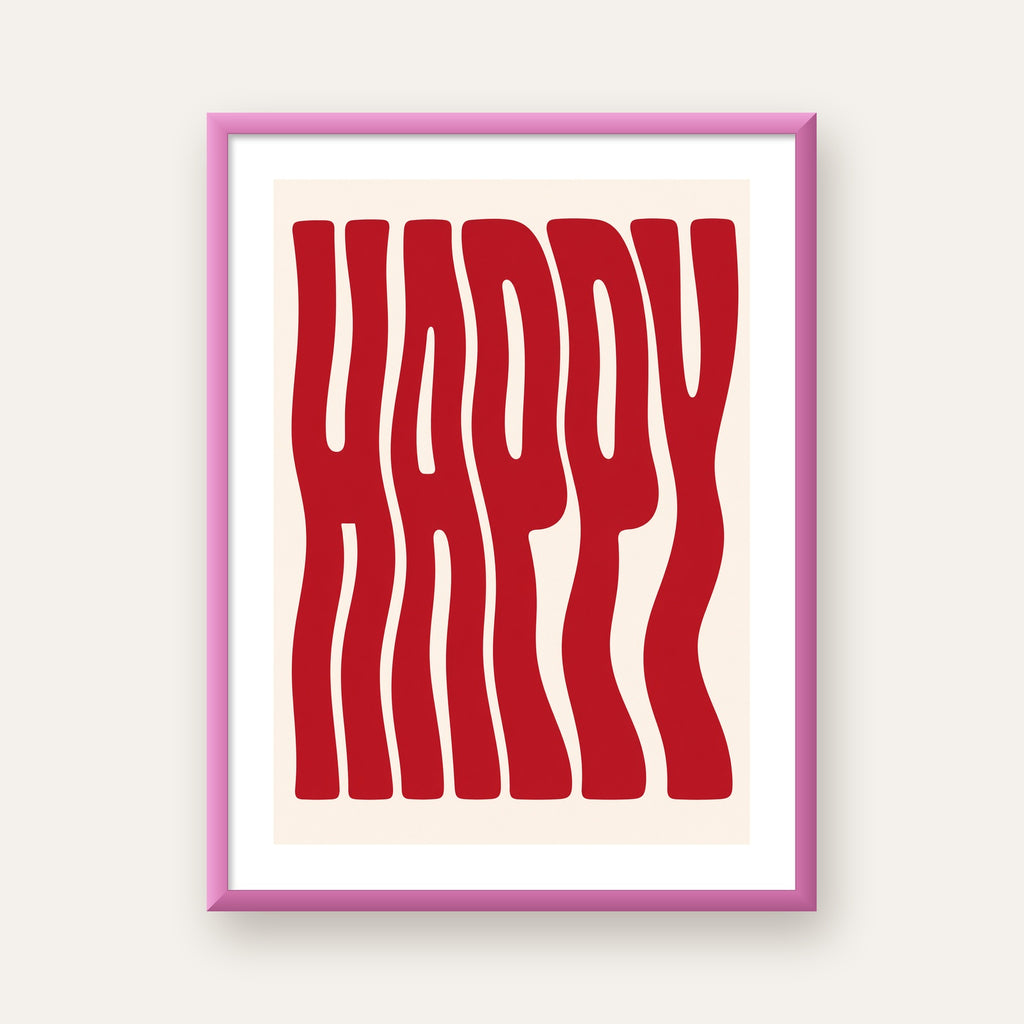Kırmızı Dalgalı 'HAPPY' Yazılı Minimal Dijital Poster — pembe çerçeveli paspartulu