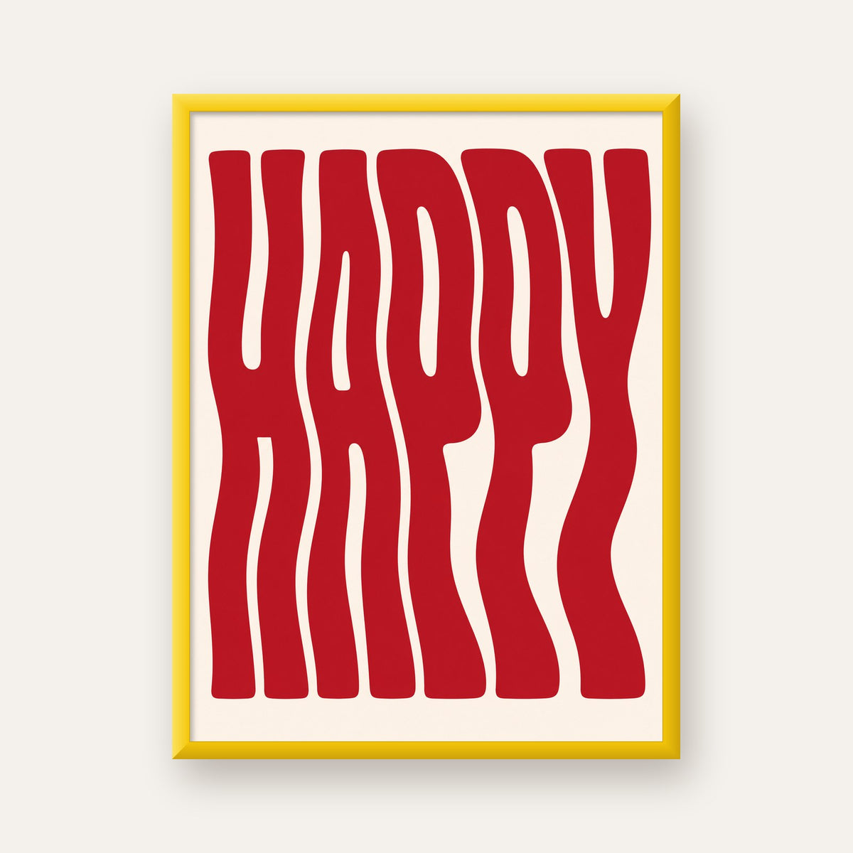 Kırmızı Dalgalı 'HAPPY' Yazılı Minimal Dijital Poster — sarı çerçeveli