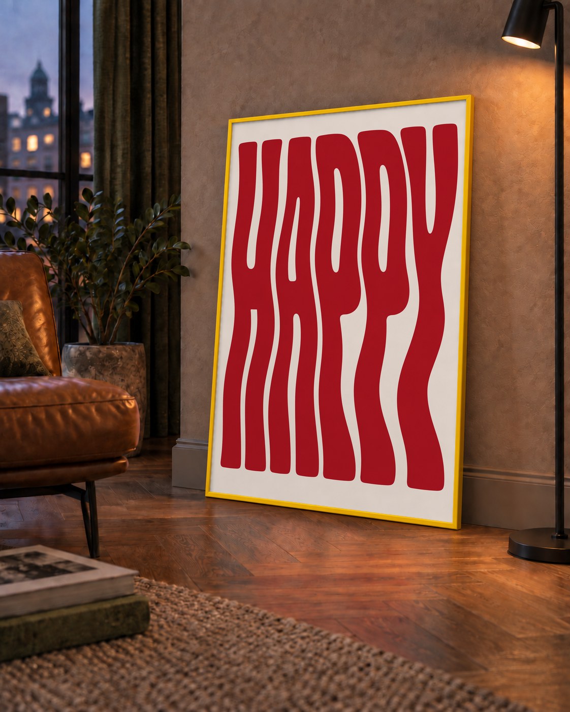 Kırmızı Dalgalı 'HAPPY' Yazılı Minimal Dijital Poster — çerçeveli hâliyle bir ev duvarında