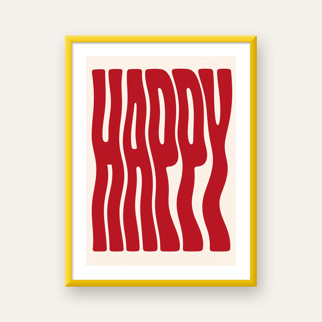 Kırmızı Dalgalı 'HAPPY' Yazılı Minimal Dijital Poster — sarı çerçeveli paspartulu