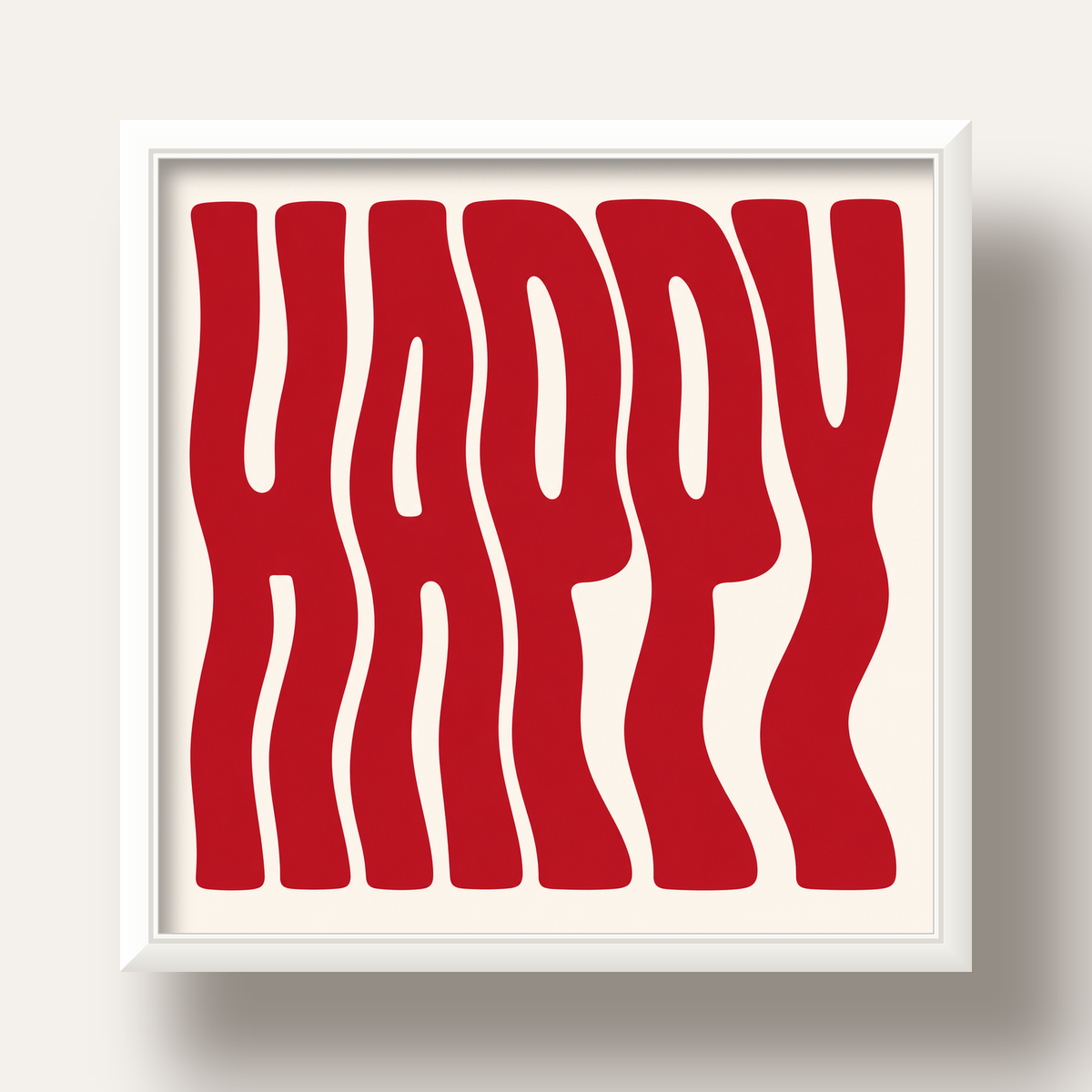 Kırmızı Dalgalı 'HAPPY' Yazılı Minimal Dijital Poster — beyaz derin çerçeveli