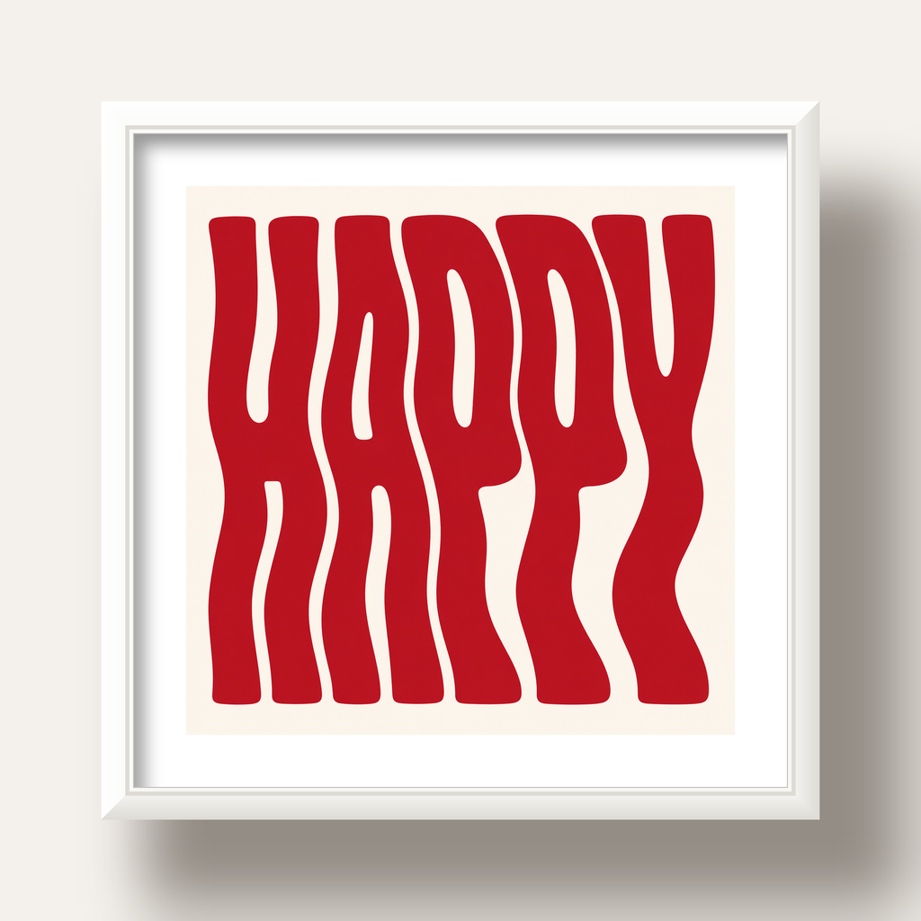 Kırmızı Dalgalı 'HAPPY' Yazılı Minimal Dijital Poster — beyaz derin çerçeveli paspartulu