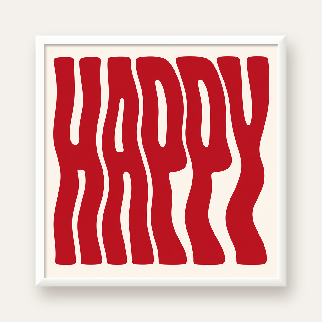 Kırmızı Dalgalı 'HAPPY' Yazılı Minimal Dijital Poster — beyaz çerçeveli kare poster