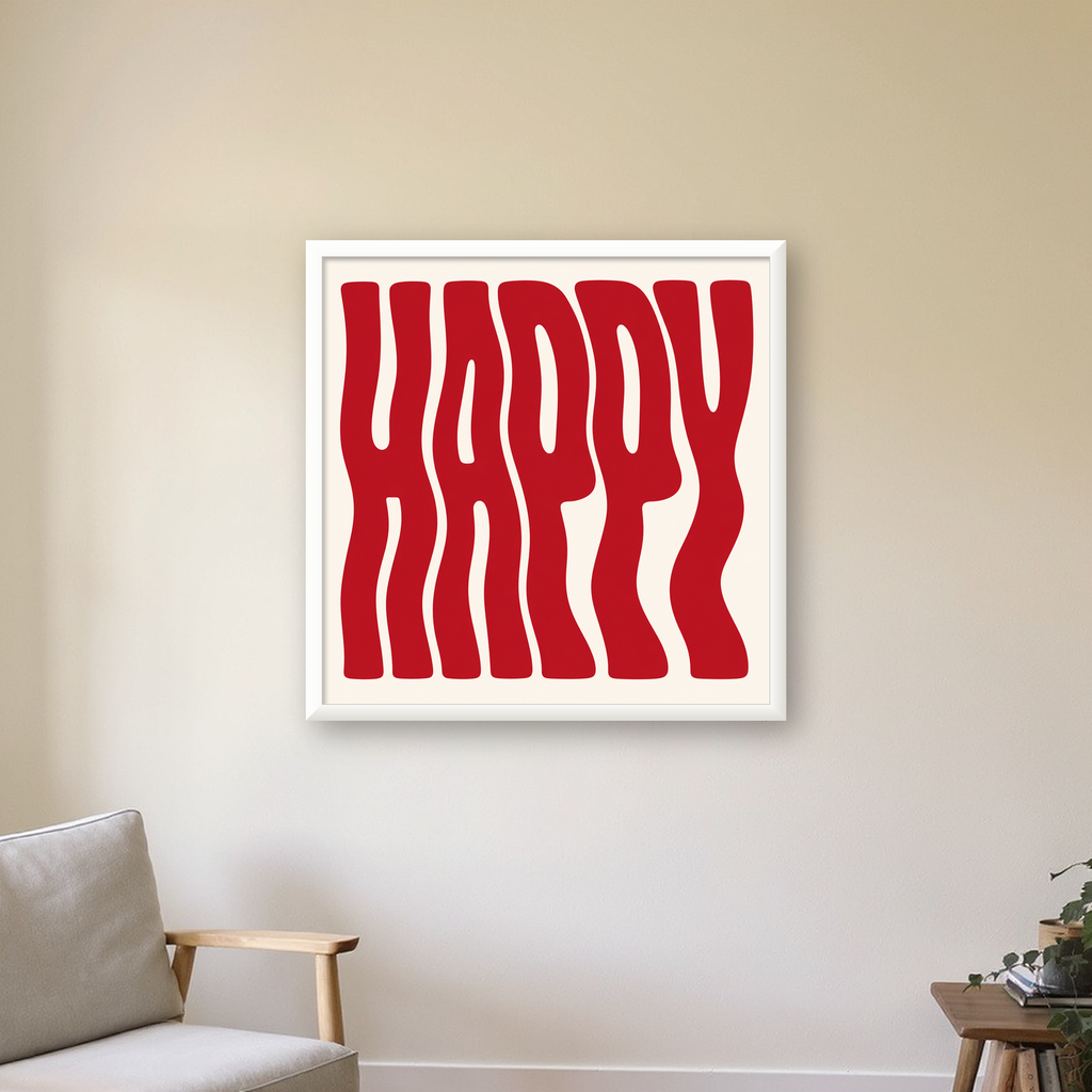 Kırmızı Dalgalı 'HAPPY' Yazılı Minimal Dijital Poster — beyaz çerçeveli kare poster