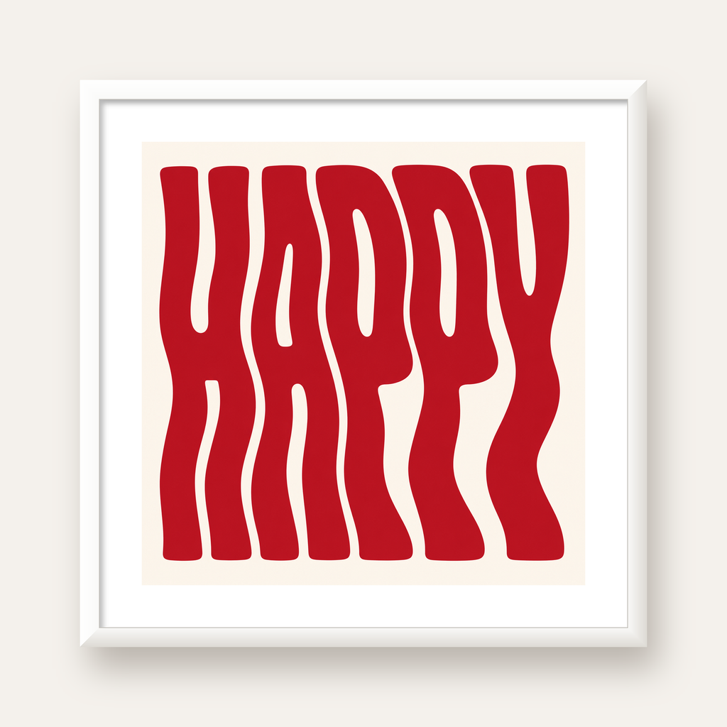 Kırmızı Dalgalı 'HAPPY' Yazılı Minimal Dijital Poster — beyaz çerçeveli kare poster