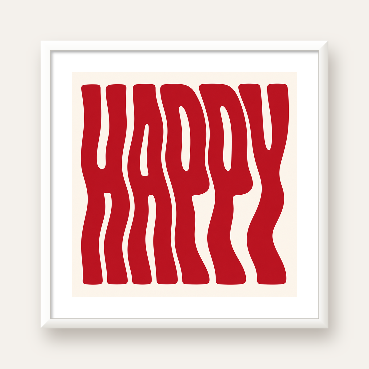 Kırmızı Dalgalı 'HAPPY' Yazılı Minimal Dijital Poster — beyaz çerçeveli kare poster