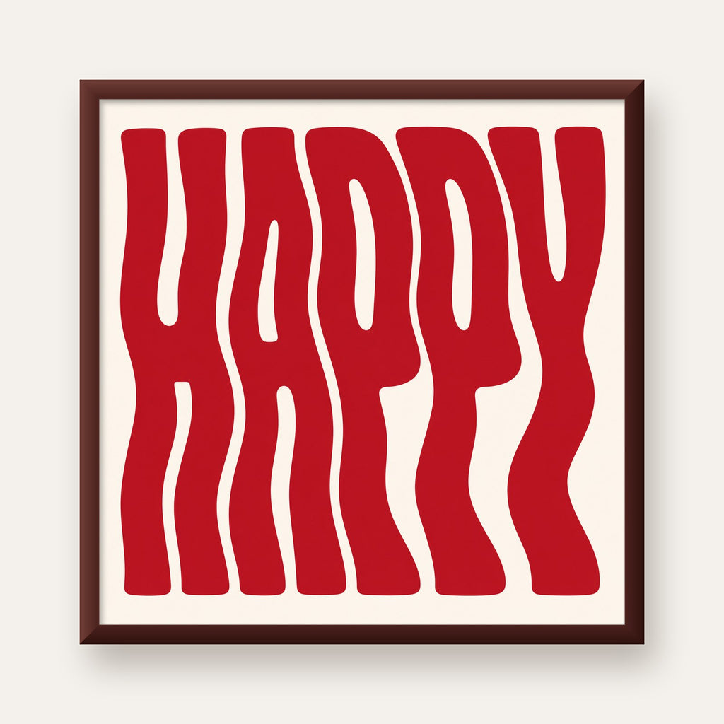 Kırmızı Dalgalı 'HAPPY' Yazılı Minimal Dijital Poster — ceviz çerçeveli