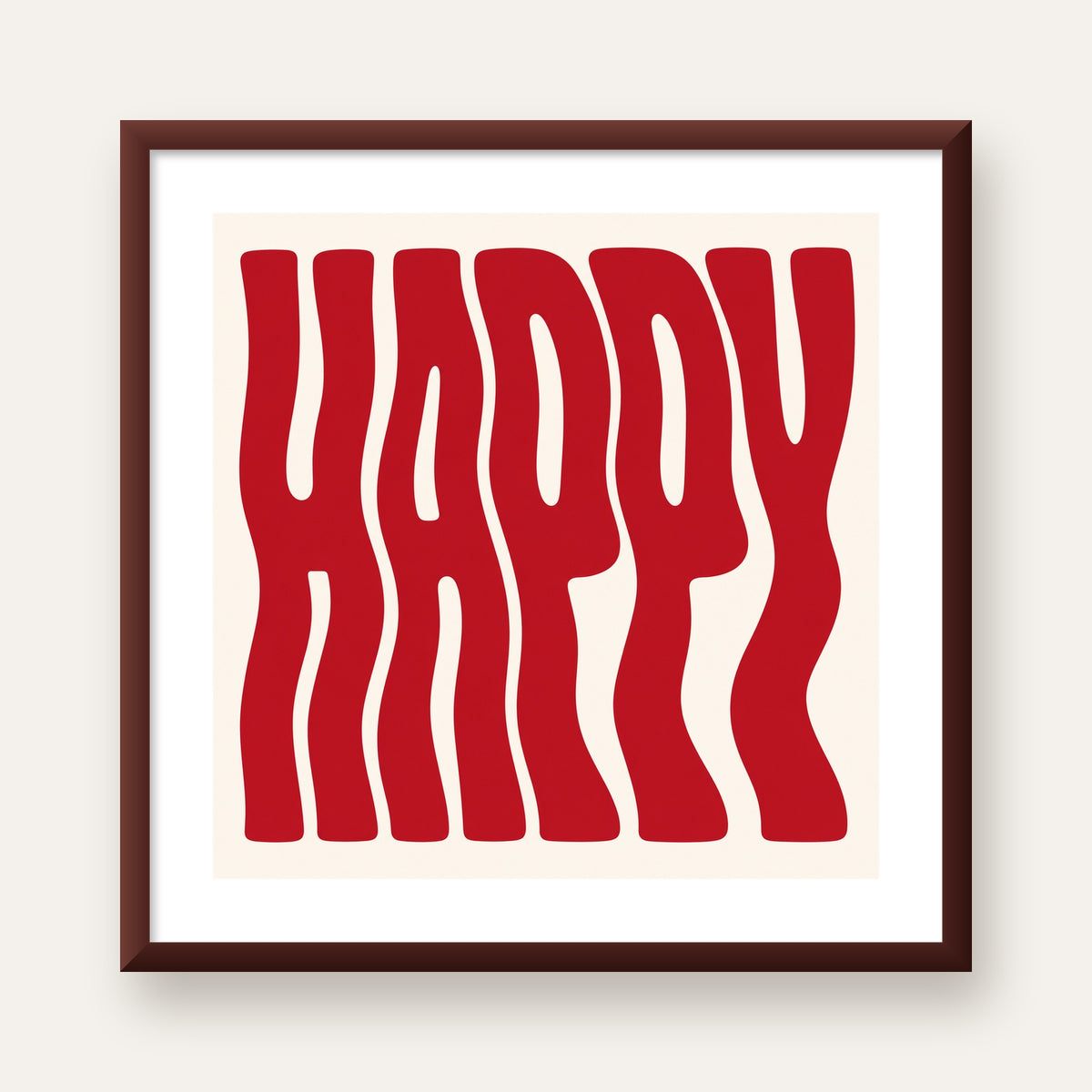 Kırmızı Dalgalı 'HAPPY' Yazılı Minimal Dijital Poster — ceviz çerçeveli paspartulu