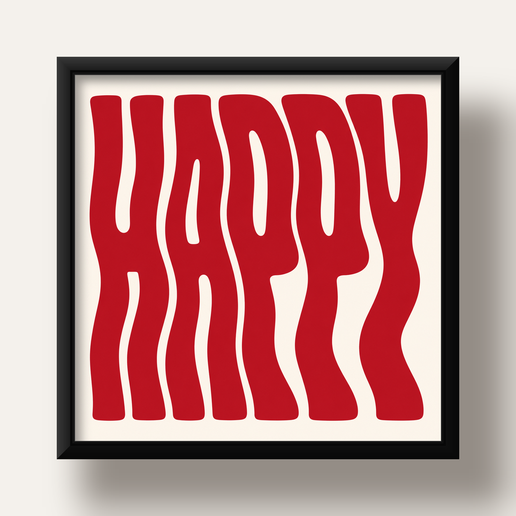 Kırmızı Dalgalı 'HAPPY' Yazılı Minimal Dijital Poster — siyah derin çerçeveli