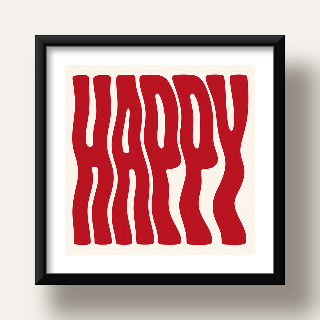 Kırmızı Dalgalı 'HAPPY' Yazılı Minimal Dijital Poster — siyah derin çerçeveli paspartulu