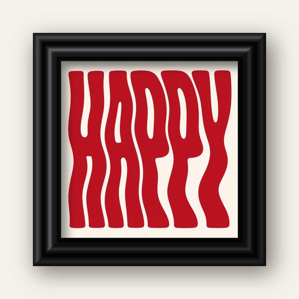 Kırmızı Dalgalı 'HAPPY' Yazılı Minimal Dijital Poster — siyah galeri çerçeveli