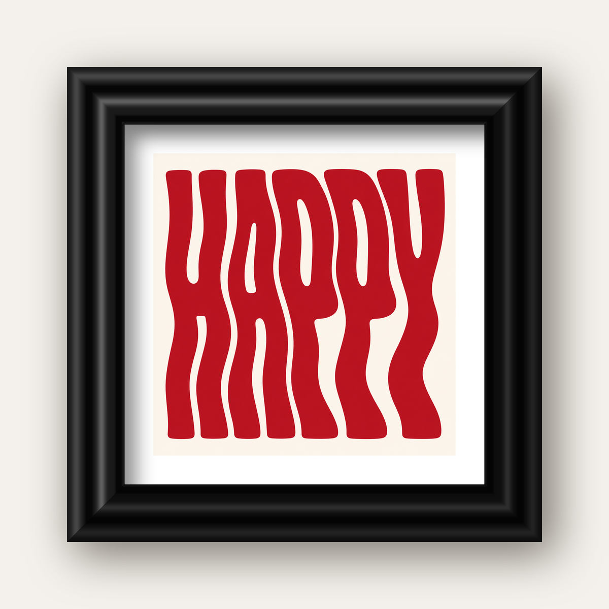 Kırmızı Dalgalı 'HAPPY' Yazılı Minimal Dijital Poster — siyah galeri çerçeveli paspartulu