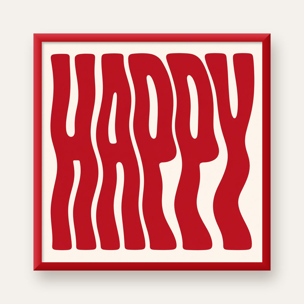 Kırmızı Dalgalı 'HAPPY' Yazılı Minimal Dijital Poster — kırmızı çerçeveli