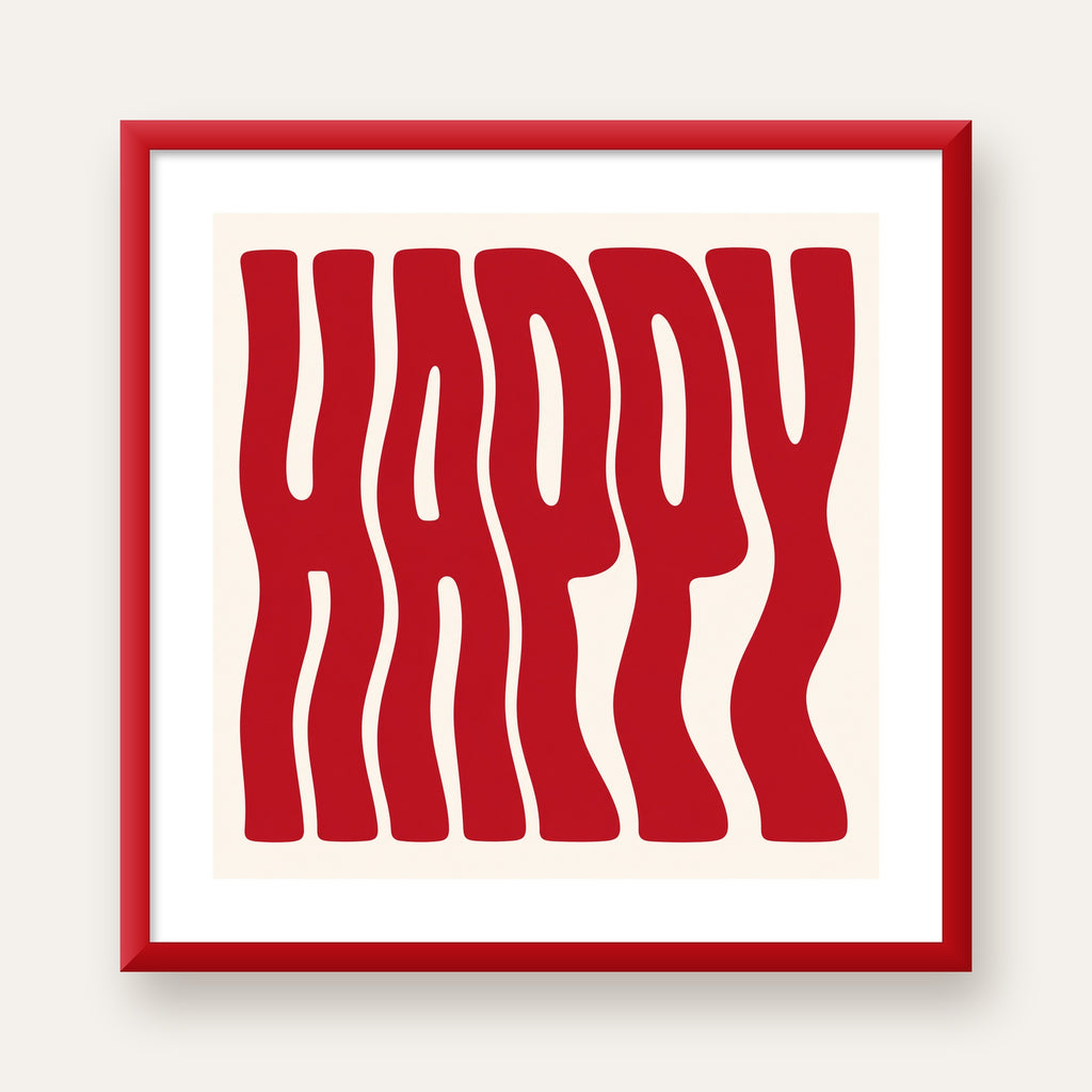 Kırmızı Dalgalı 'HAPPY' Yazılı Minimal Dijital Poster — kırmızı çerçeveli paspartulu