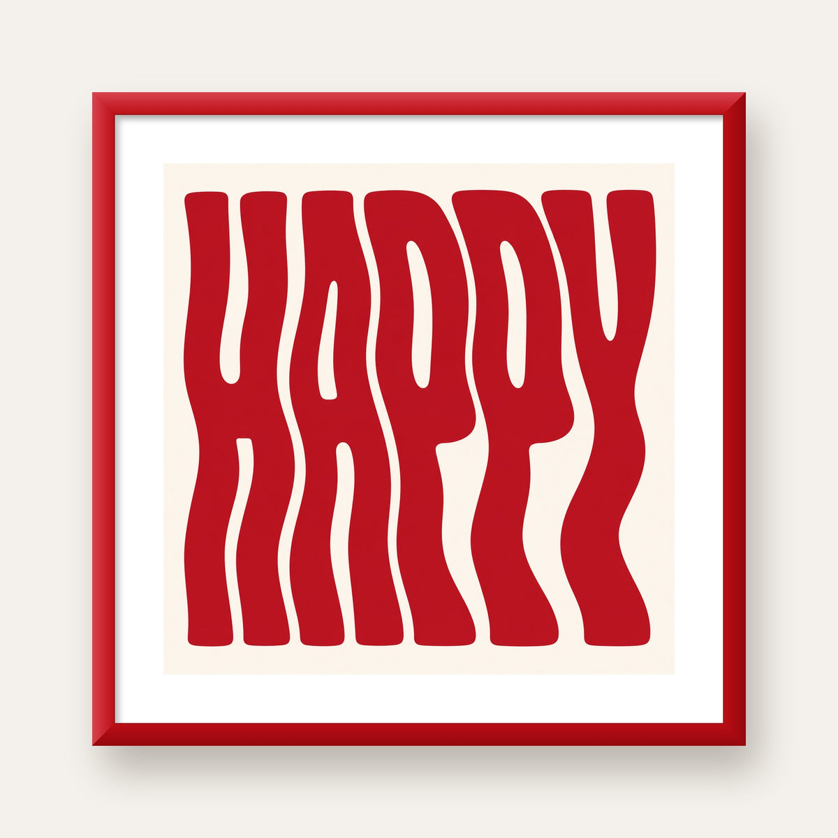 Kırmızı Dalgalı 'HAPPY' Yazılı Minimal Dijital Poster — kırmızı çerçeveli paspartulu