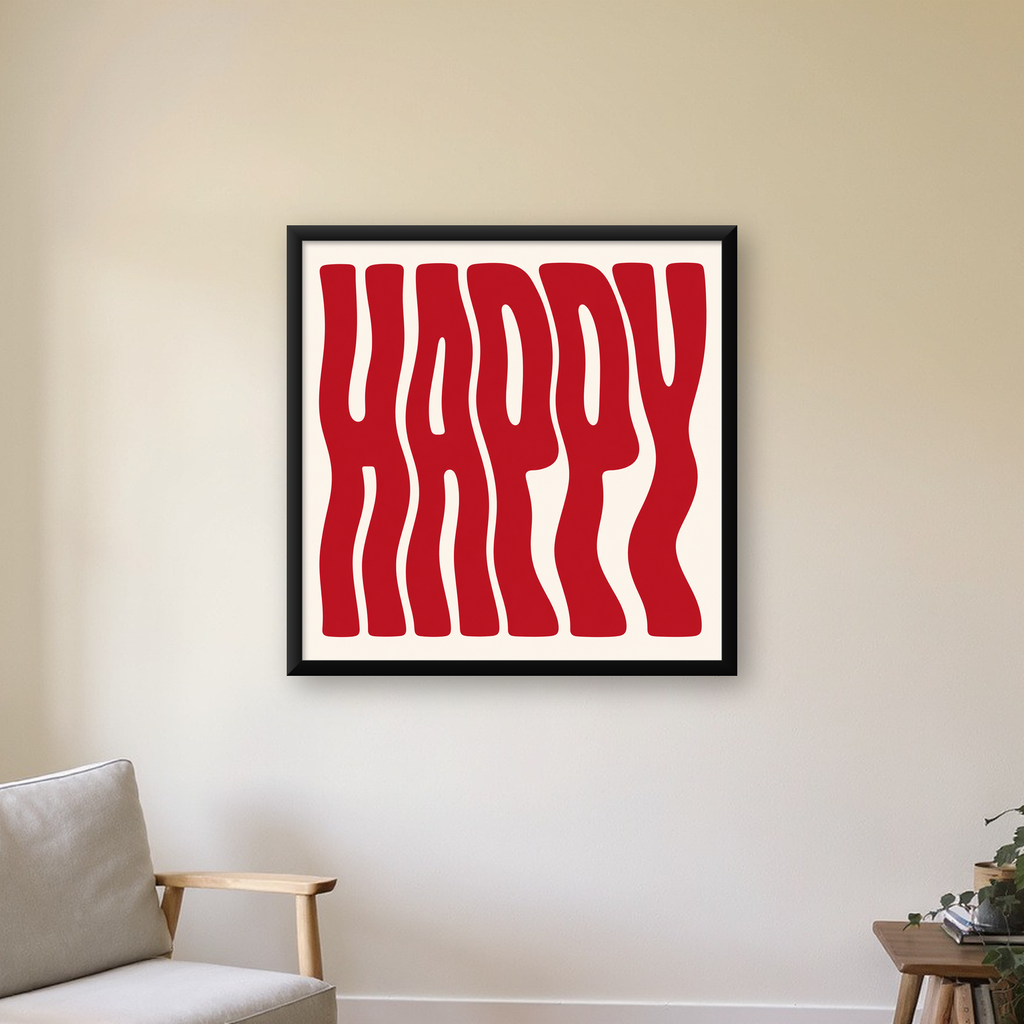 Kırmızı Dalgalı 'HAPPY' Yazılı Minimal Dijital Poster — Kare baskı, çerçeveli hâliyle bir ev duvarında