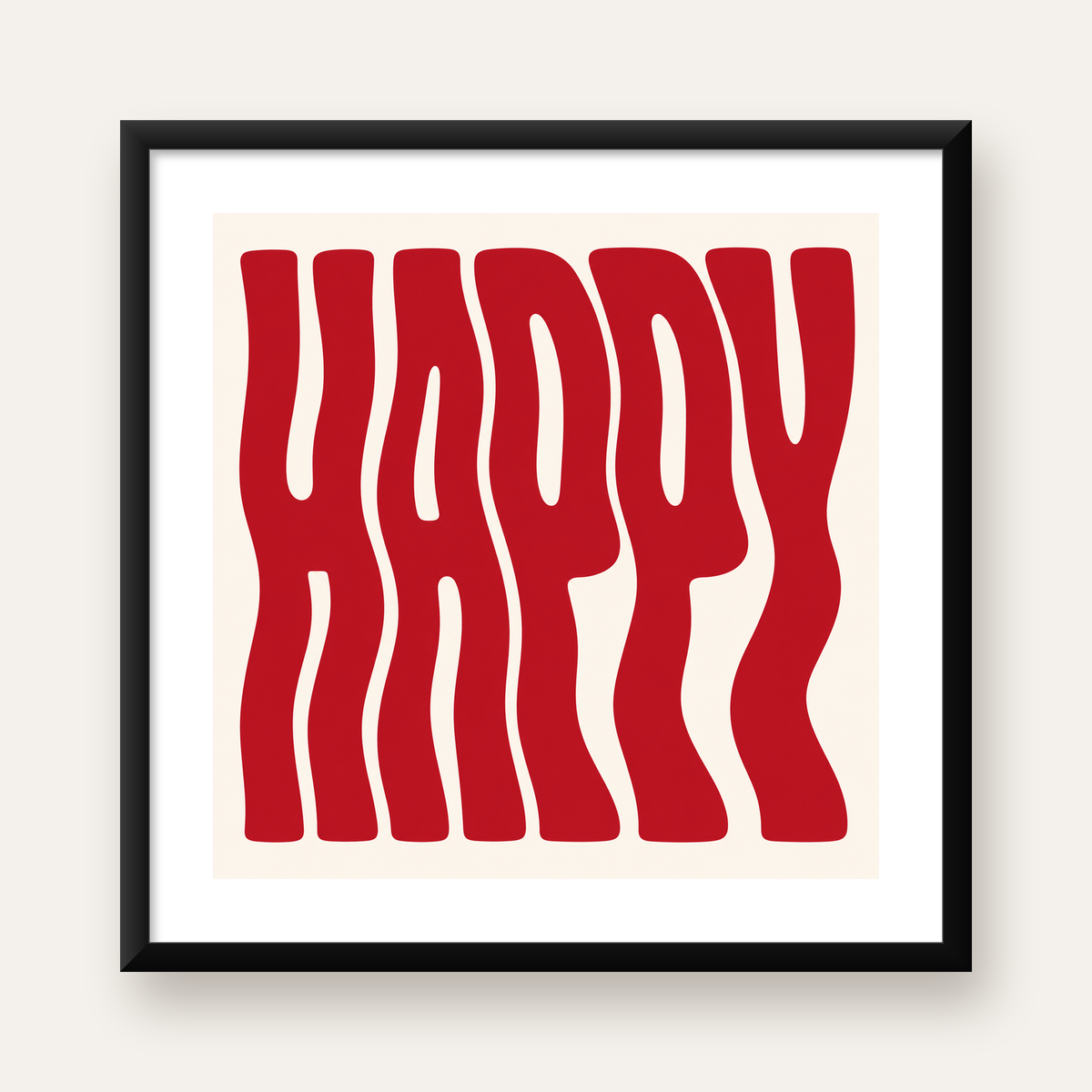 Kırmızı Dalgalı 'HAPPY' Yazılı Minimal Dijital Poster — Kare baskı, beyaz paspartulu