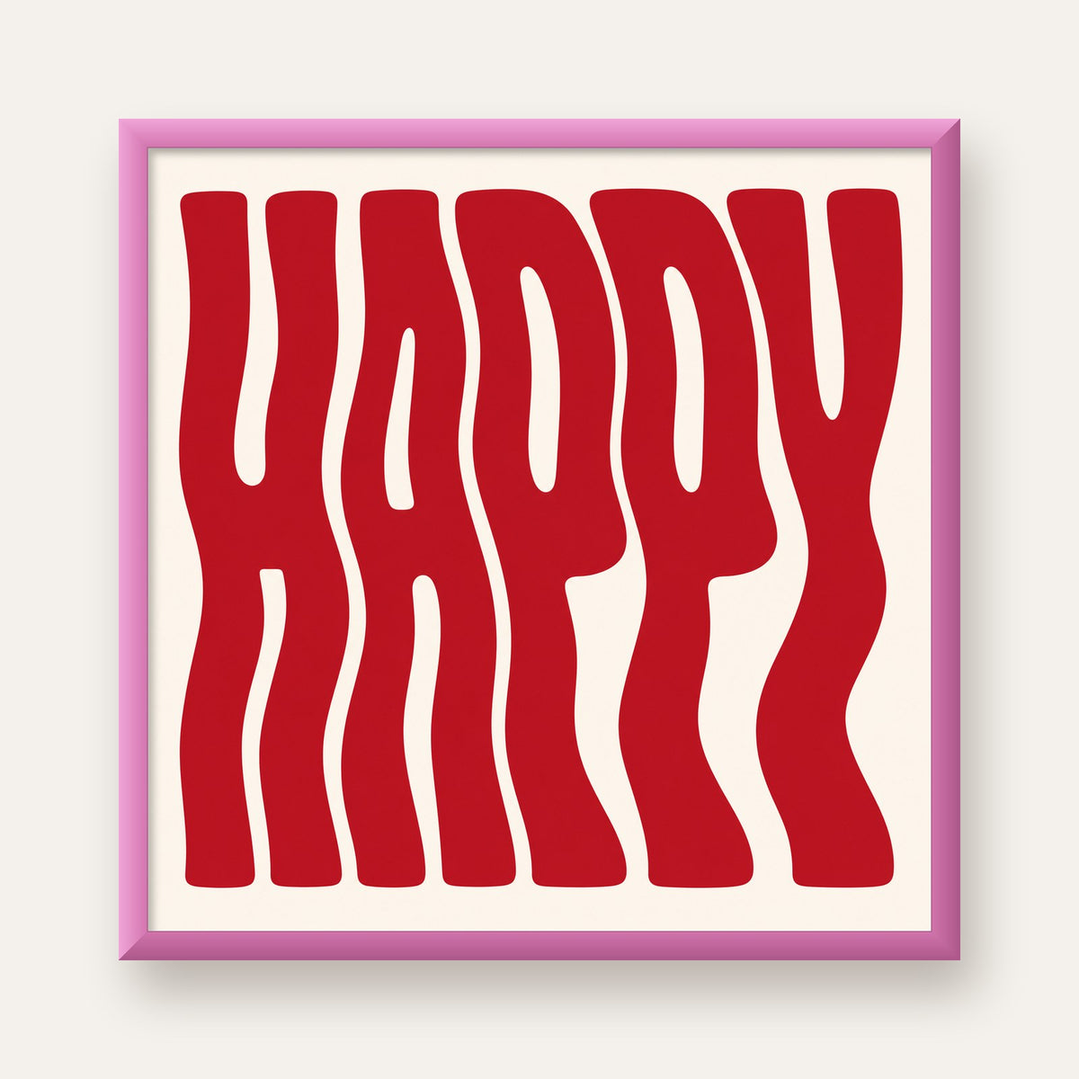 Kırmızı Dalgalı 'HAPPY' Yazılı Minimal Dijital Poster — pembe çerçeveli