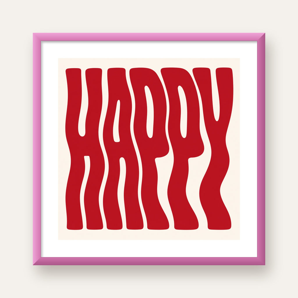 Kırmızı Dalgalı 'HAPPY' Yazılı Minimal Dijital Poster — pembe çerçeveli paspartulu