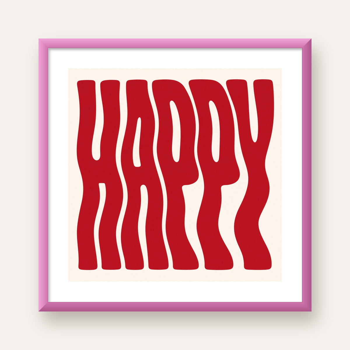 Kırmızı Dalgalı 'HAPPY' Yazılı Minimal Dijital Poster — pembe çerçeveli paspartulu
