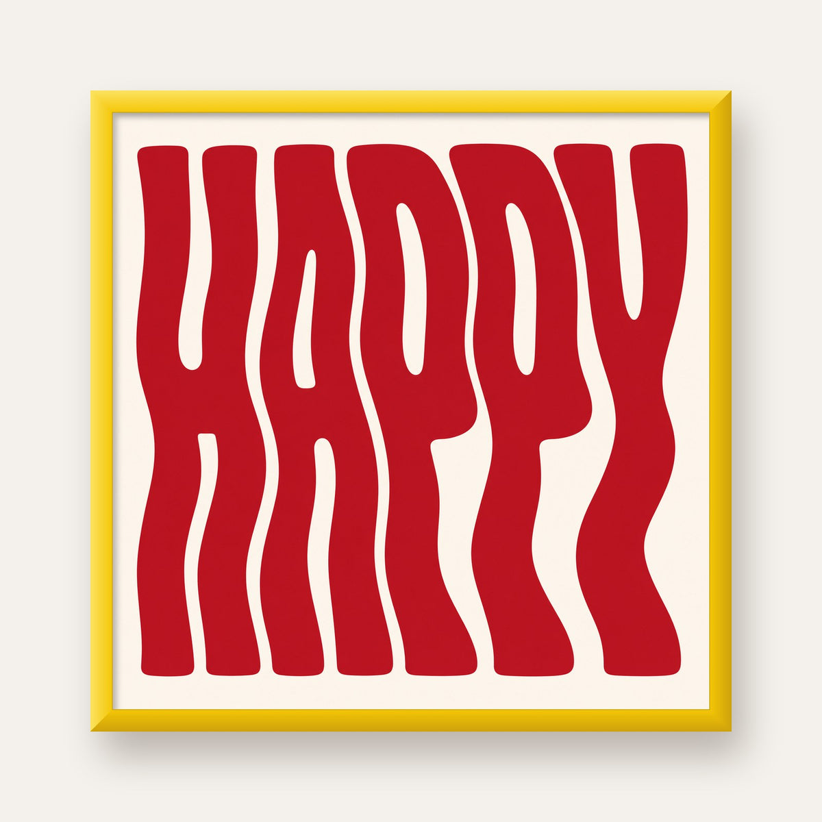 Kırmızı Dalgalı 'HAPPY' Yazılı Minimal Dijital Poster — sarı çerçeveli