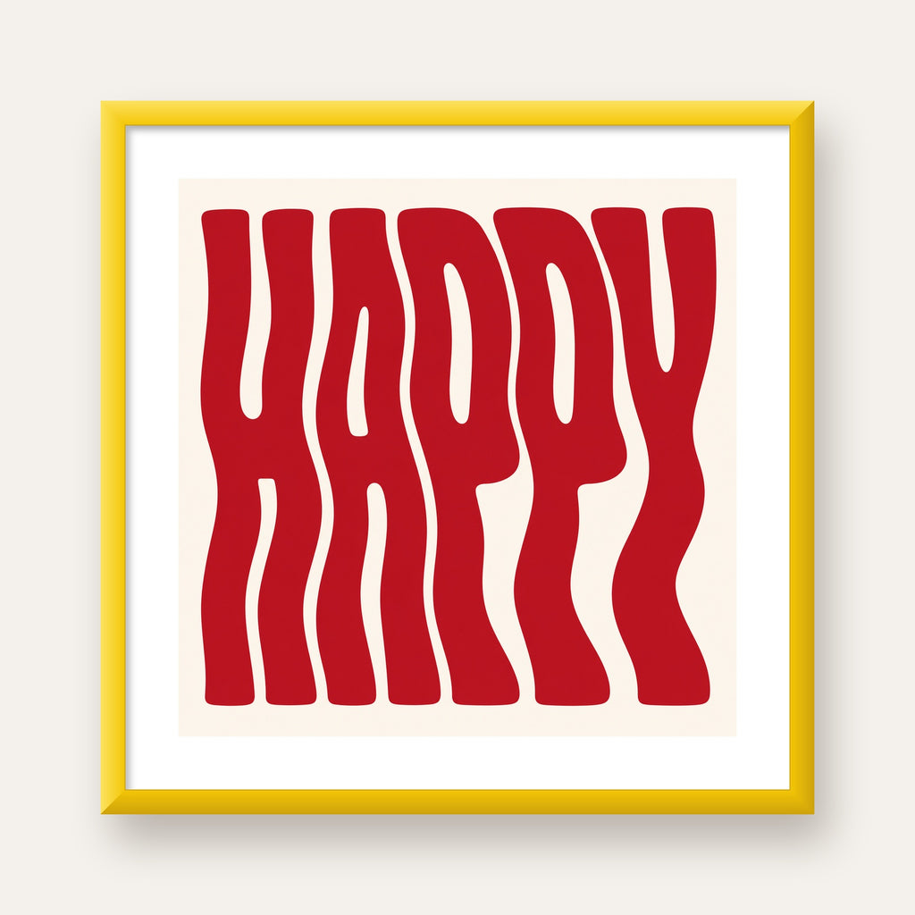 Kırmızı Dalgalı 'HAPPY' Yazılı Minimal Dijital Poster — sarı çerçeveli paspartulu