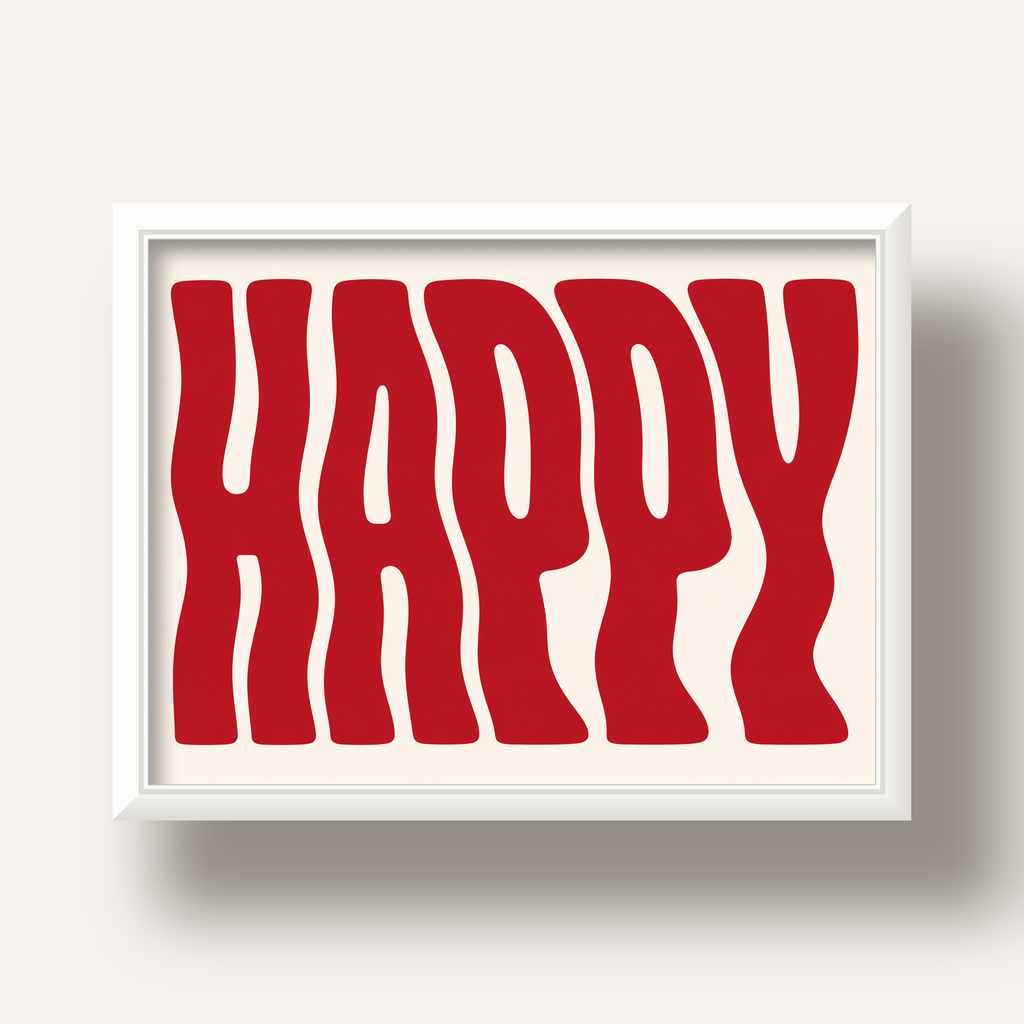 Kırmızı Dalgalı 'HAPPY' Yazılı Minimal Dijital Poster — beyaz derin çerçeveli
