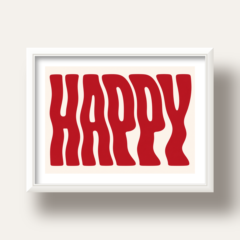 Kırmızı Dalgalı 'HAPPY' Yazılı Minimal Dijital Poster — beyaz derin çerçeveli paspartulu