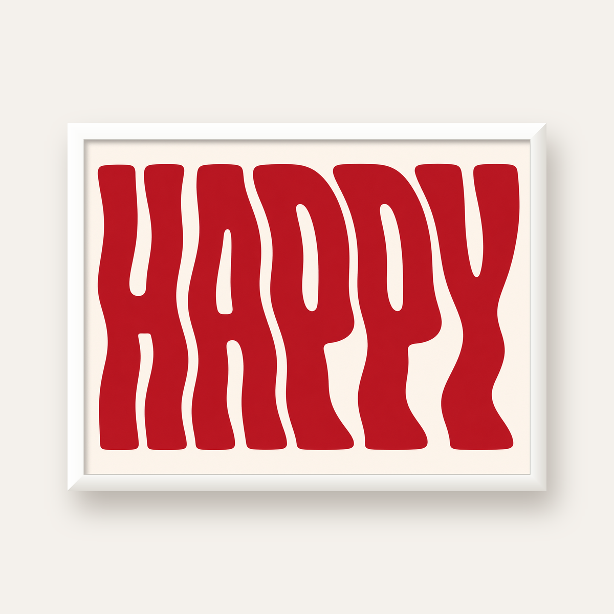 Kırmızı Dalgalı 'HAPPY' Yazılı Minimal Dijital Poster — beyaz çerçeveli yatay poster