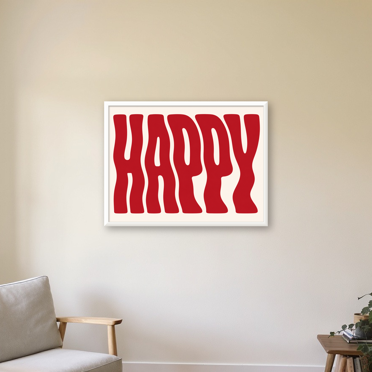 Kırmızı Dalgalı 'HAPPY' Yazılı Minimal Dijital Poster — beyaz çerçeveli yatay poster