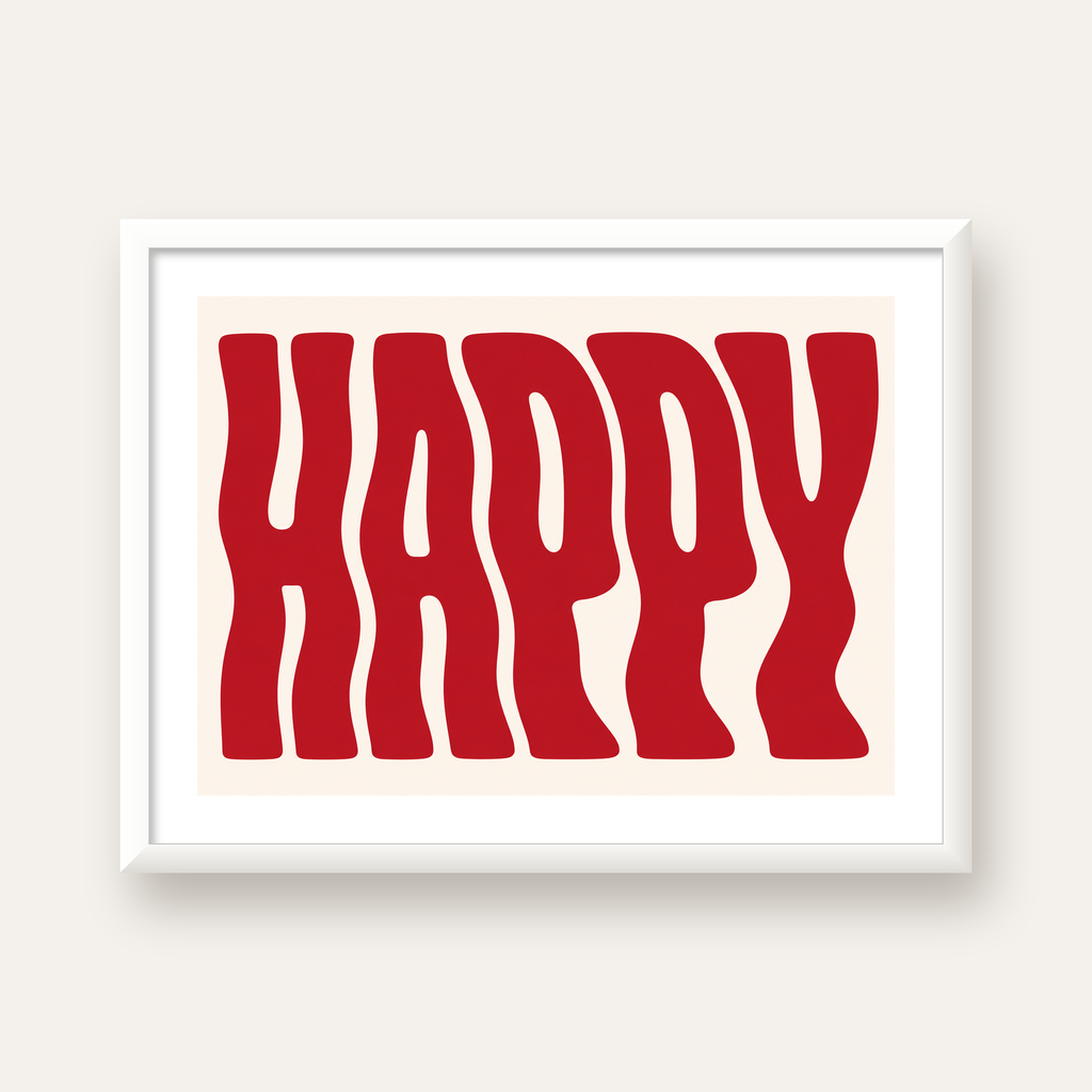 Kırmızı Dalgalı 'HAPPY' Yazılı Minimal Dijital Poster — beyaz çerçeveli yatay poster