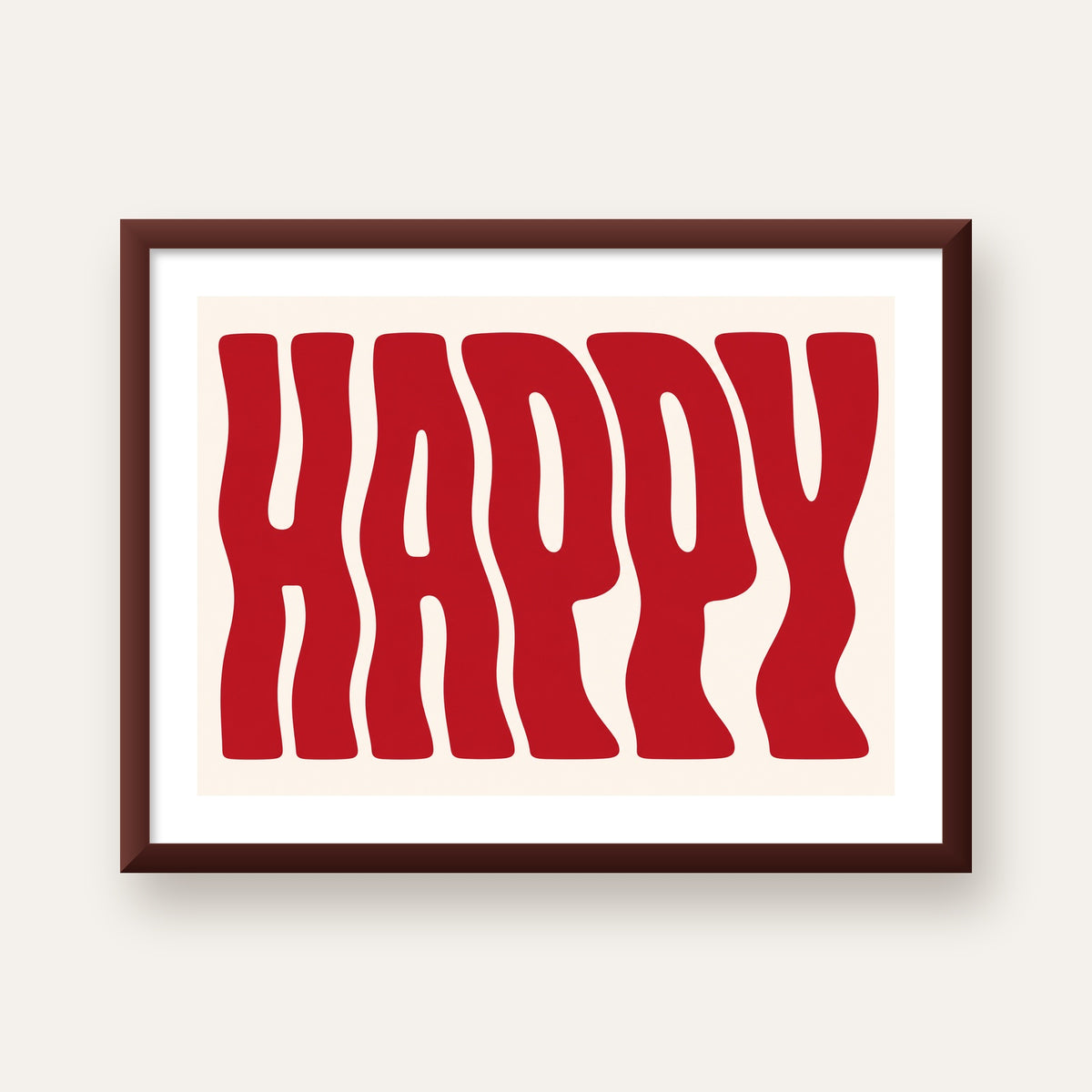 Kırmızı Dalgalı 'HAPPY' Yazılı Minimal Dijital Poster — ceviz çerçeveli paspartulu