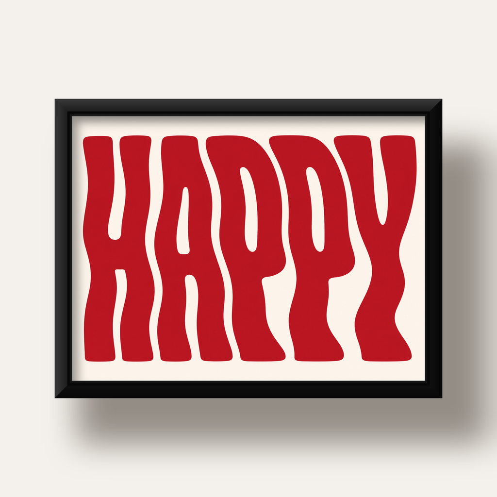 Kırmızı Dalgalı 'HAPPY' Yazılı Minimal Dijital Poster — siyah derin çerçeveli