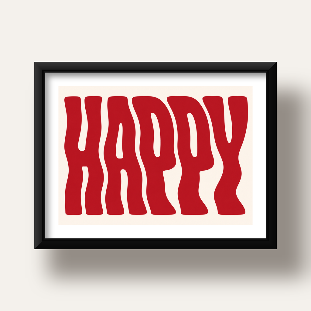 Kırmızı Dalgalı 'HAPPY' Yazılı Minimal Dijital Poster — siyah derin çerçeveli paspartulu
