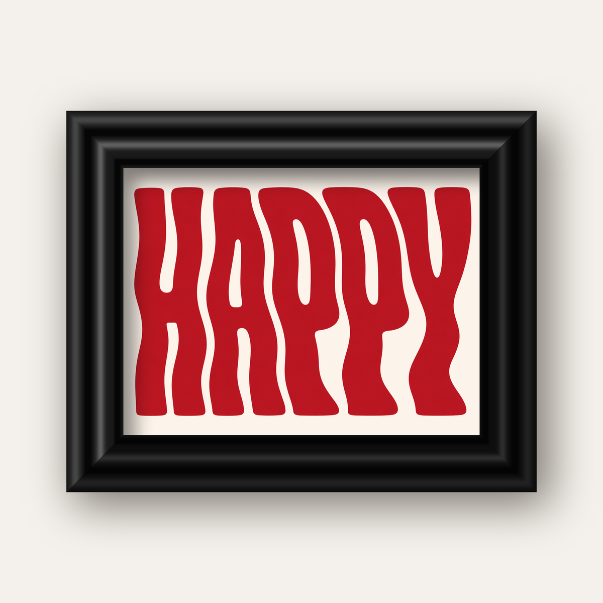 Kırmızı Dalgalı 'HAPPY' Yazılı Minimal Dijital Poster — siyah galeri çerçeveli