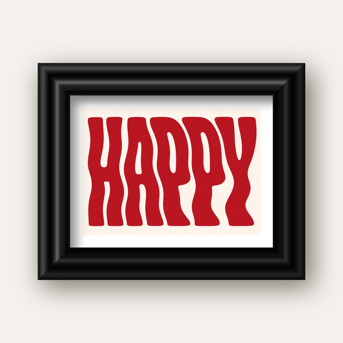 Kırmızı Dalgalı 'HAPPY' Yazılı Minimal Dijital Poster — siyah galeri çerçeveli paspartulu