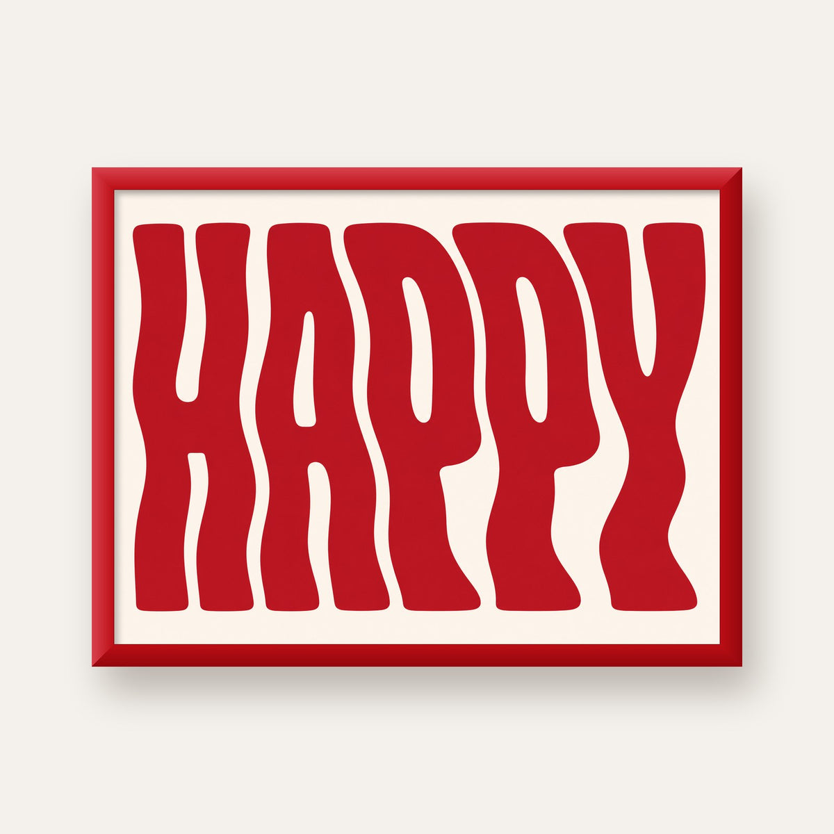 Kırmızı Dalgalı 'HAPPY' Yazılı Minimal Dijital Poster — kırmızı çerçeveli