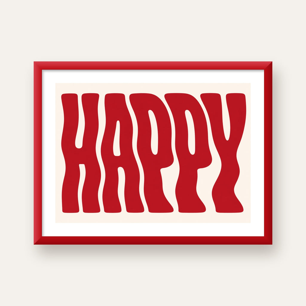 Kırmızı Dalgalı 'HAPPY' Yazılı Minimal Dijital Poster — kırmızı çerçeveli paspartulu
